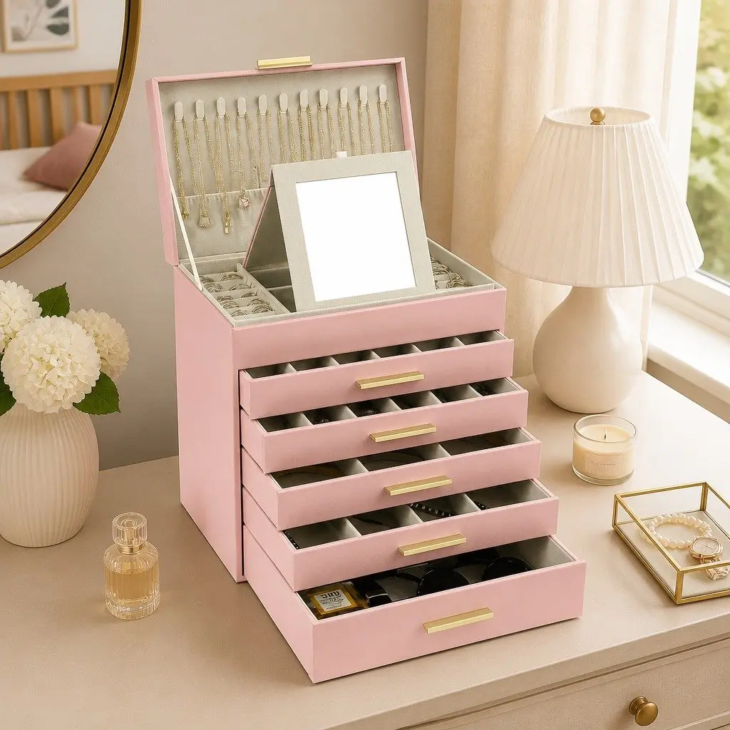 Jewelry Organizer Box 6 Layer MDF PU Leather Pink with Mirror Drawers Hooks Dividers