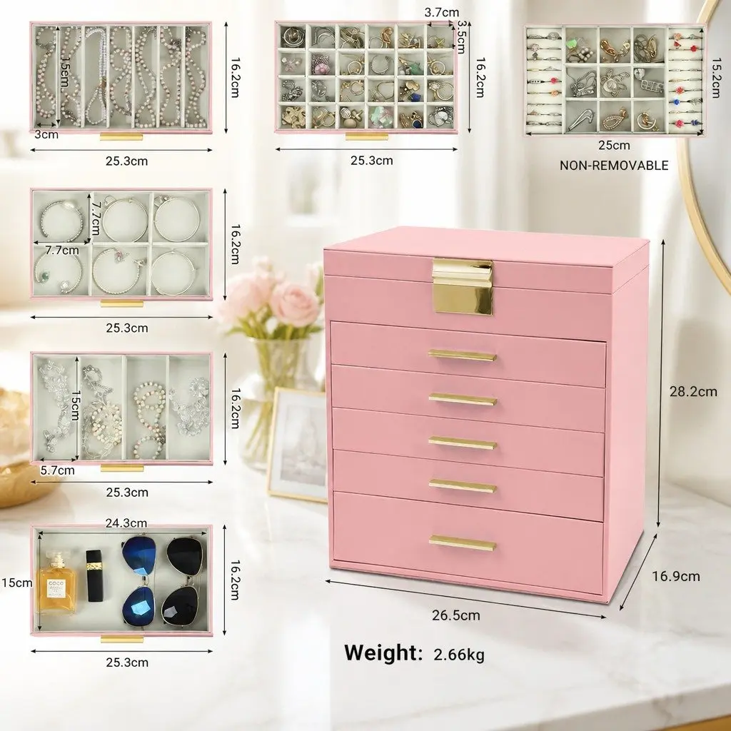 Jewelry Organizer Box 6 Layer MDF PU Leather Pink with Mirror Drawers Hooks Dividers