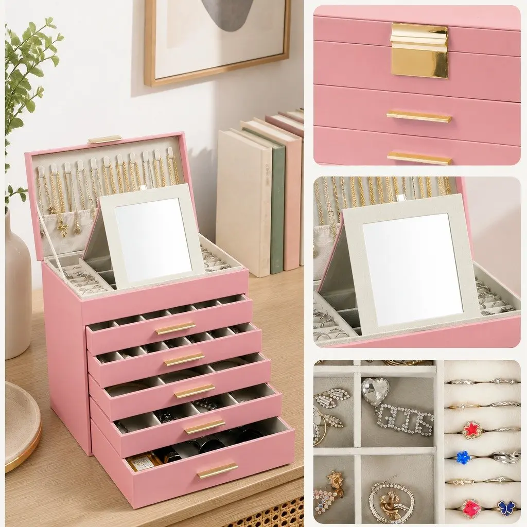 Jewelry Organizer Box 6 Layer MDF PU Leather Pink with Mirror Drawers Hooks Dividers
