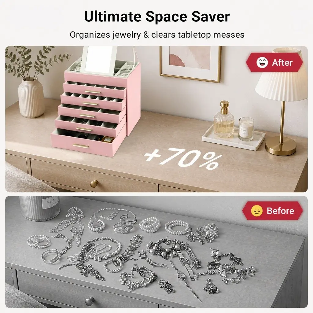 Jewelry Organizer Box 6 Layer MDF PU Leather Pink with Mirror Drawers Hooks Dividers