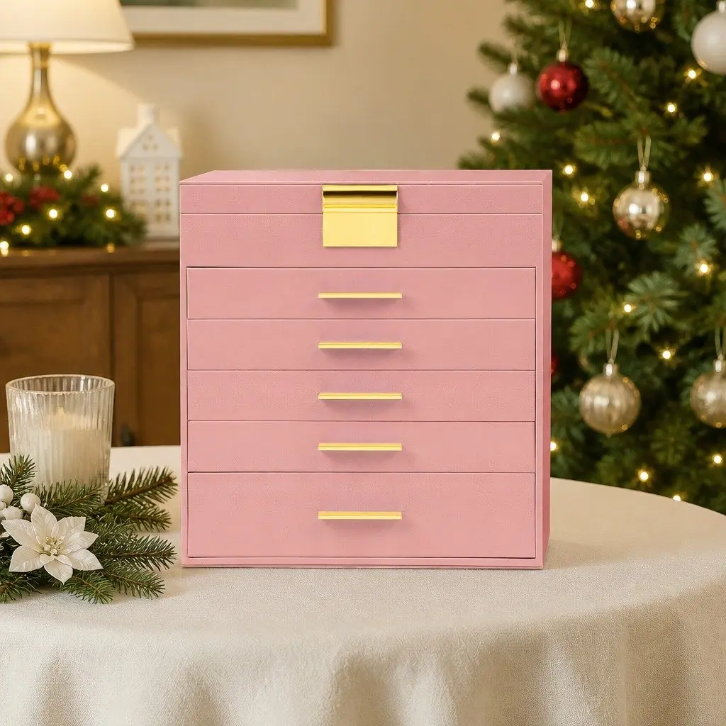 Jewelry Organizer Box 6 Layer MDF PU Leather Pink with Mirror Drawers Hooks Dividers