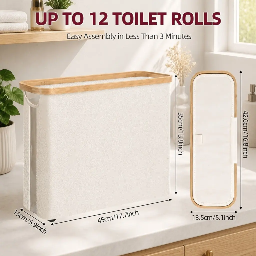 Toilet Paper Storage Basket 2 Pack Holds 12 Rolls Bamboo Lid Handle Bathroom