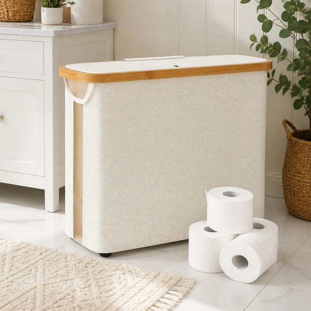 Toilet Paper Storage Basket 2 Pack Holds 12 Rolls Bamboo Lid Handle Bathroom