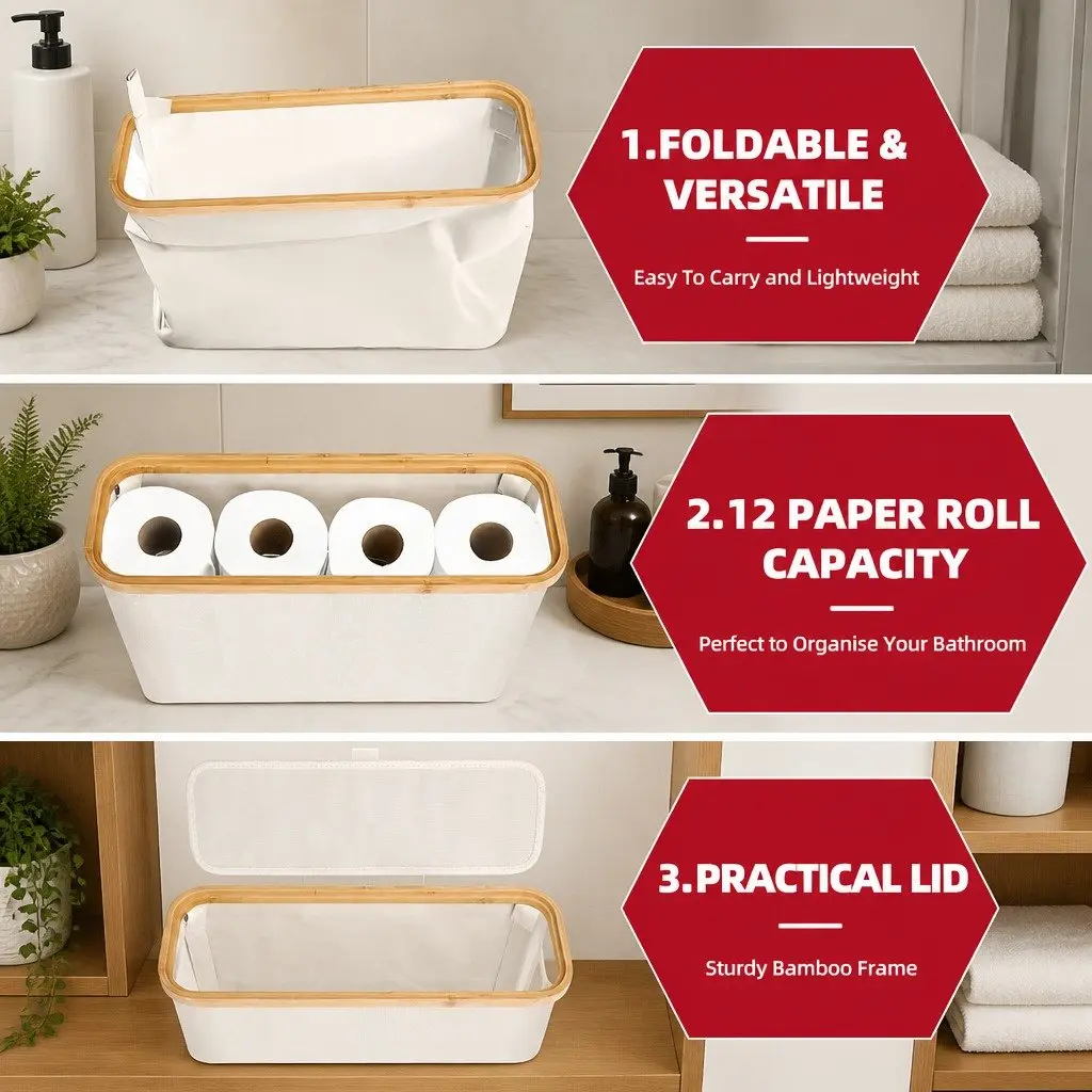 Toilet Paper Storage Basket 2 Pack Bamboo Lid Handle Organizer RV Closet