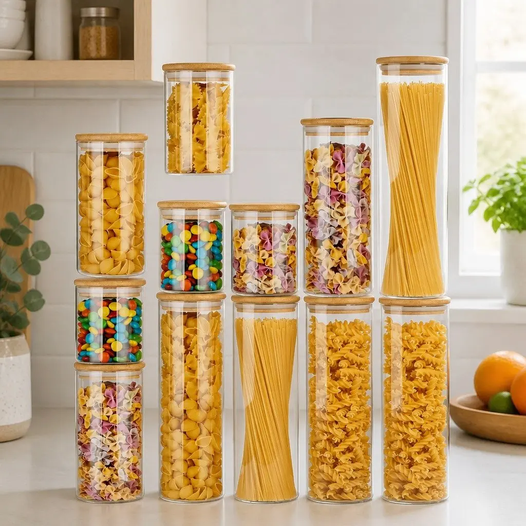 Glass Storage Jars 12 Pack with Bamboo Lids Kitchen Pantry Airtight Containers