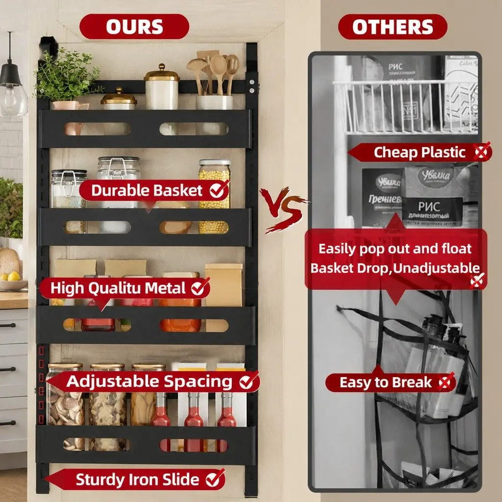 Over the Door Organizer 6 Tier Adjustable Metal Pantry Storage Rack Hanging