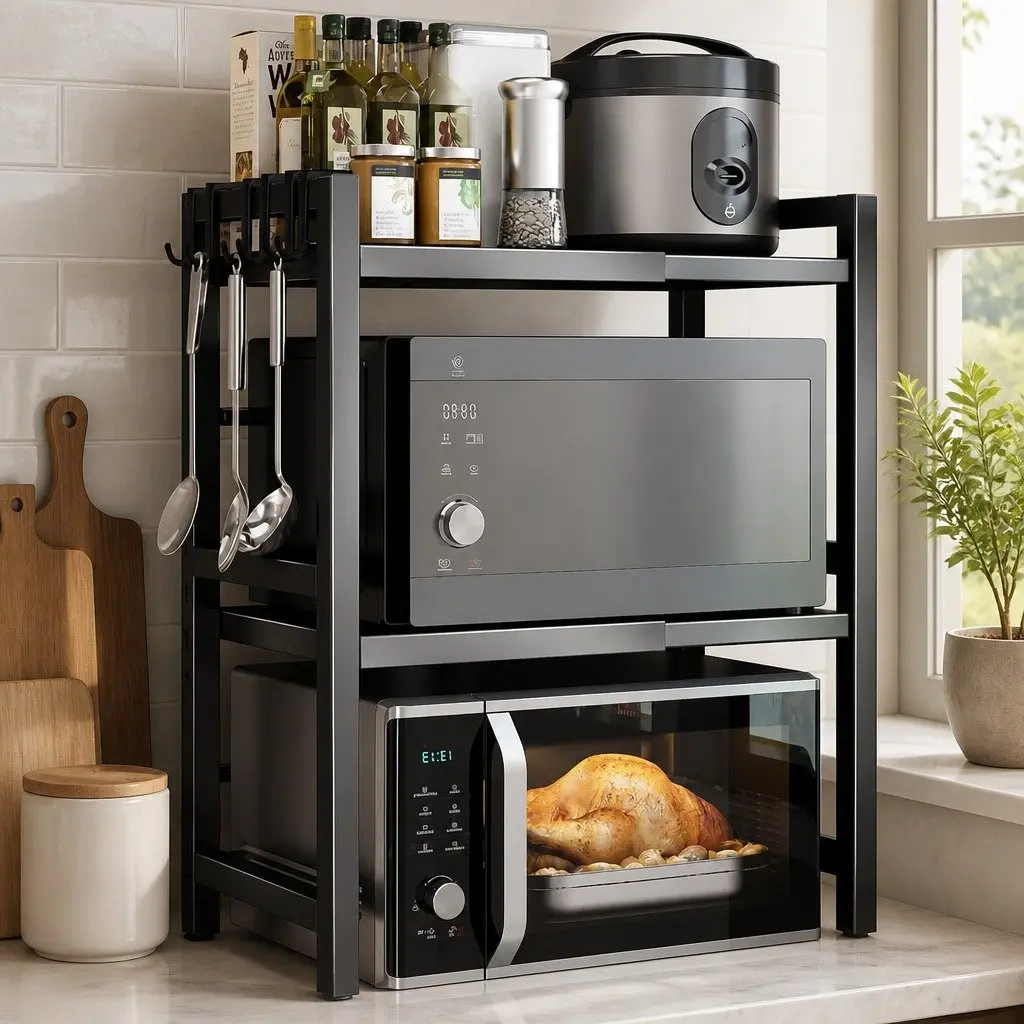 3 Tier Kitchen Shelf Stand Adjustable Metal Countertop Rack for Microwave Oven Black
