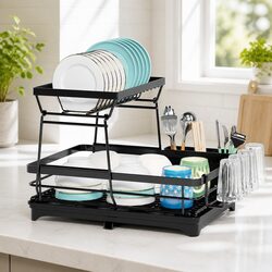 2-Tier Dish Drying Rack Kitchen Counter Drainboard Utensil Holder Cup Organizer