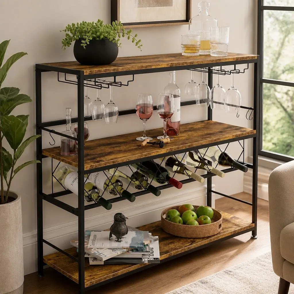 Wine Rack Metal Frame Wooden Countertop Large Storage for 20 Bottles and Glasses