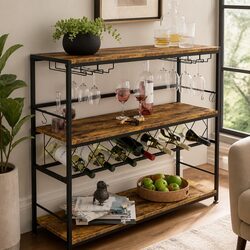 Large Wine Rack with Glass Holder Metal Frame Wood Countertop 20+ Bottle Storage
