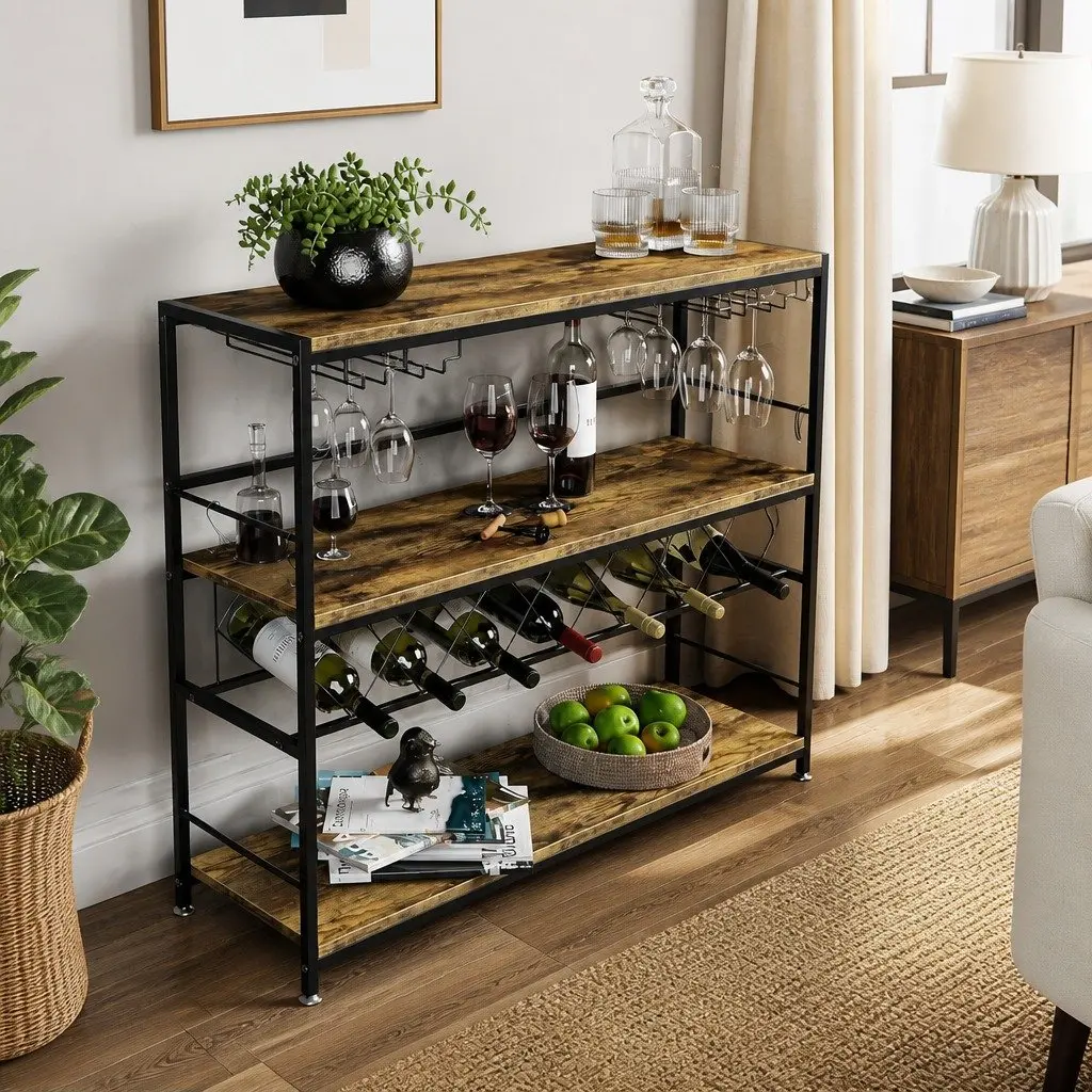 Wine Rack Metal Frame Wooden Countertop Large Storage for 20 Bottles and Glasses