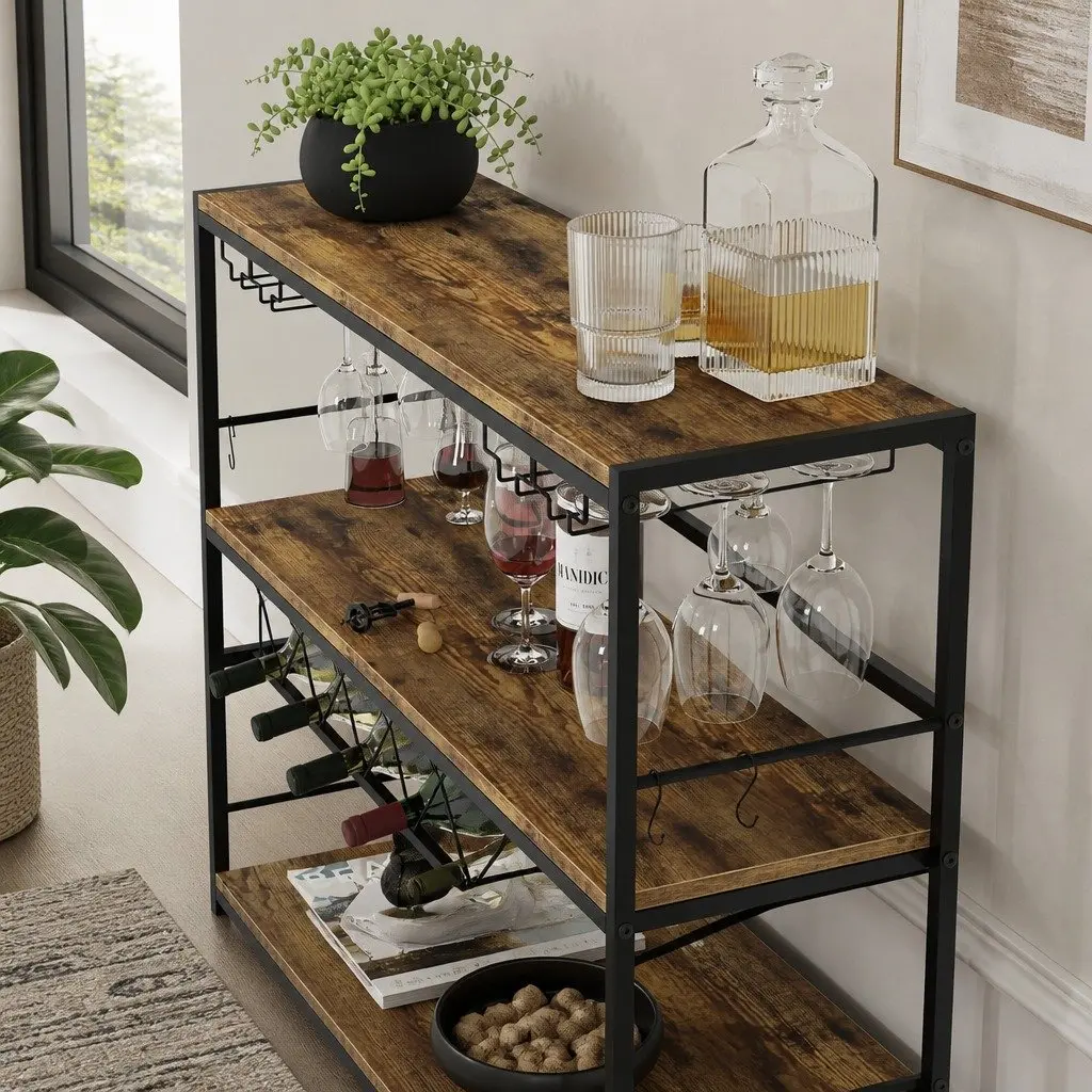 Wine Rack Metal Frame Wooden Countertop Large Storage for 20 Bottles and Glasses