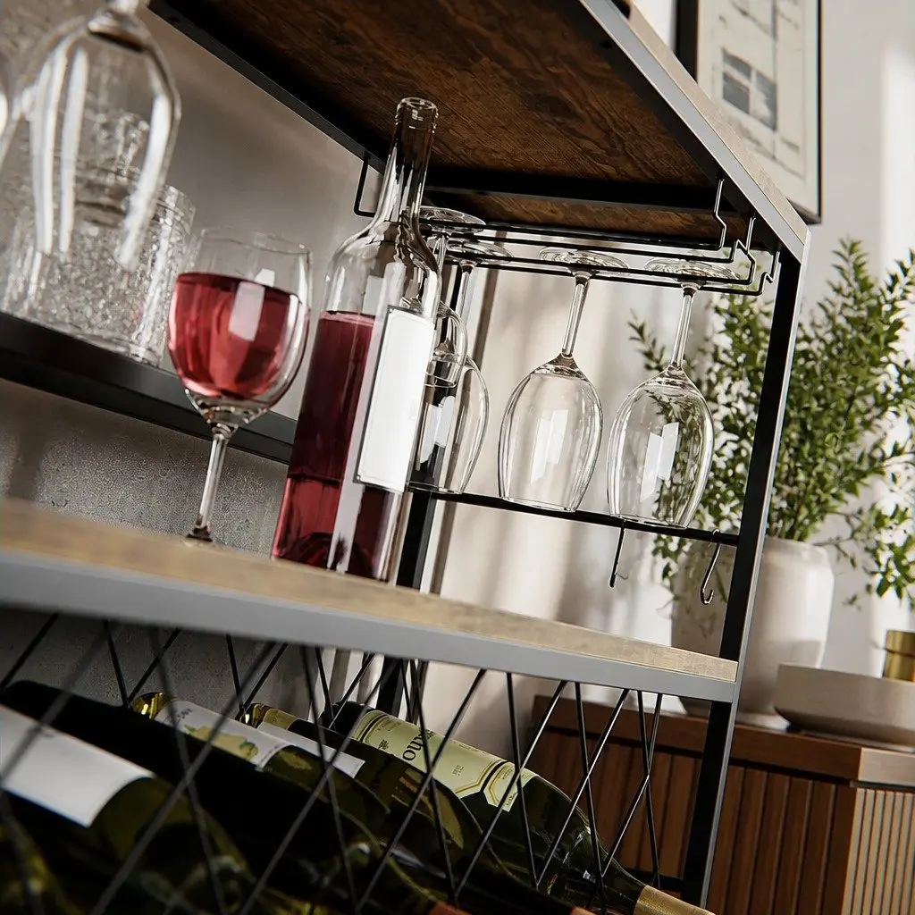 Wine Rack Metal Frame Wooden Countertop Large Storage for 20 Bottles and Glasses