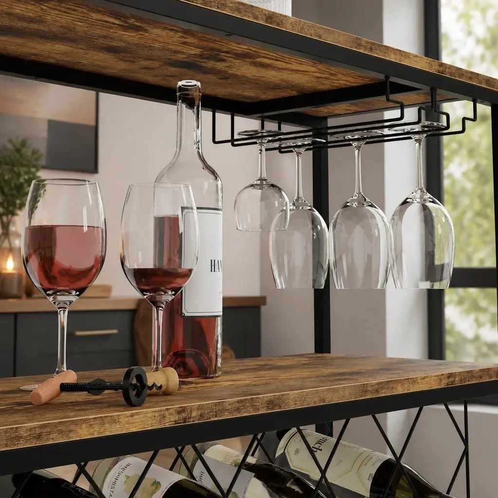 Wine Rack Metal Frame Wooden Countertop Large Storage for 20 Bottles and Glasses