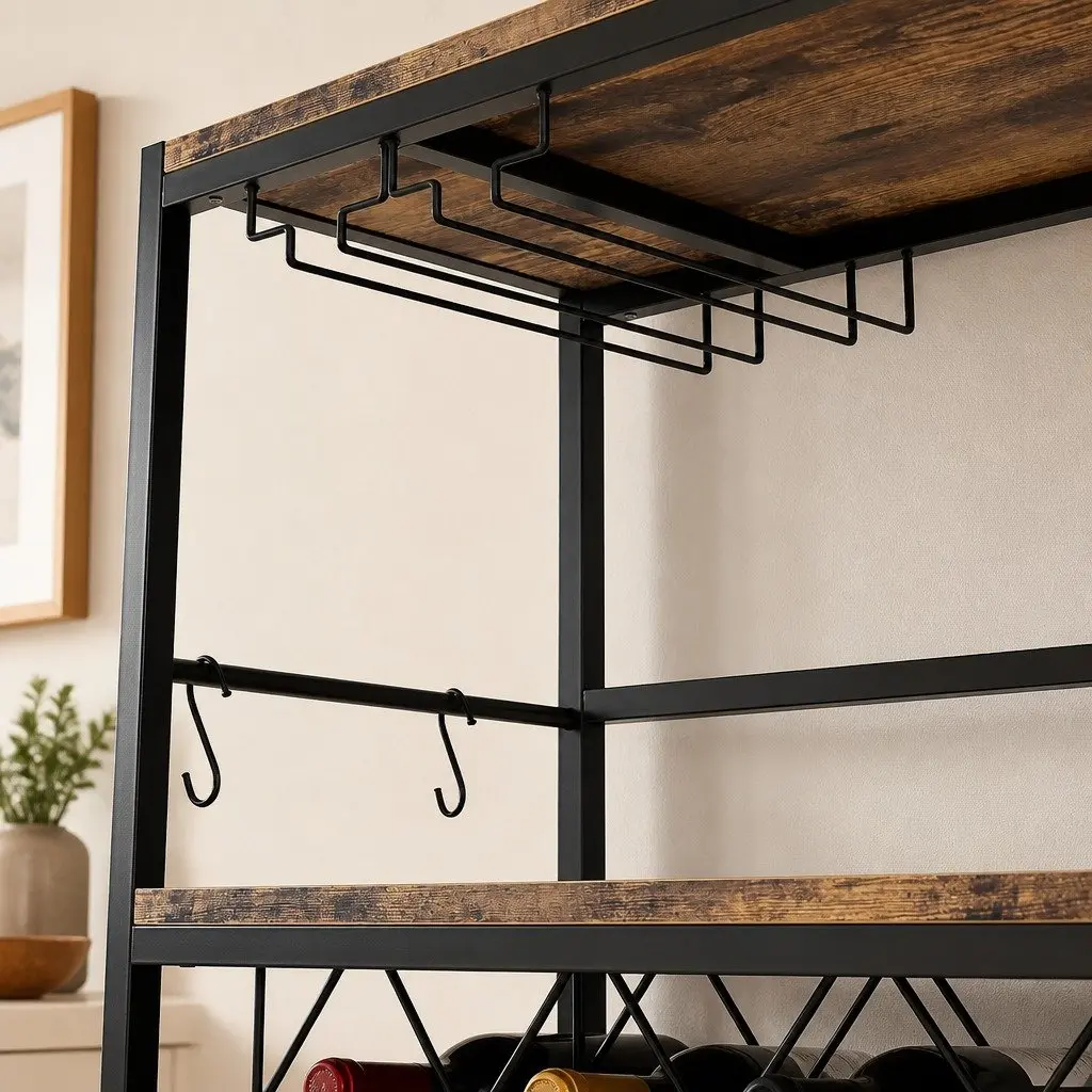 Wine Rack Metal Frame Wooden Countertop Large Storage for 20 Bottles and Glasses