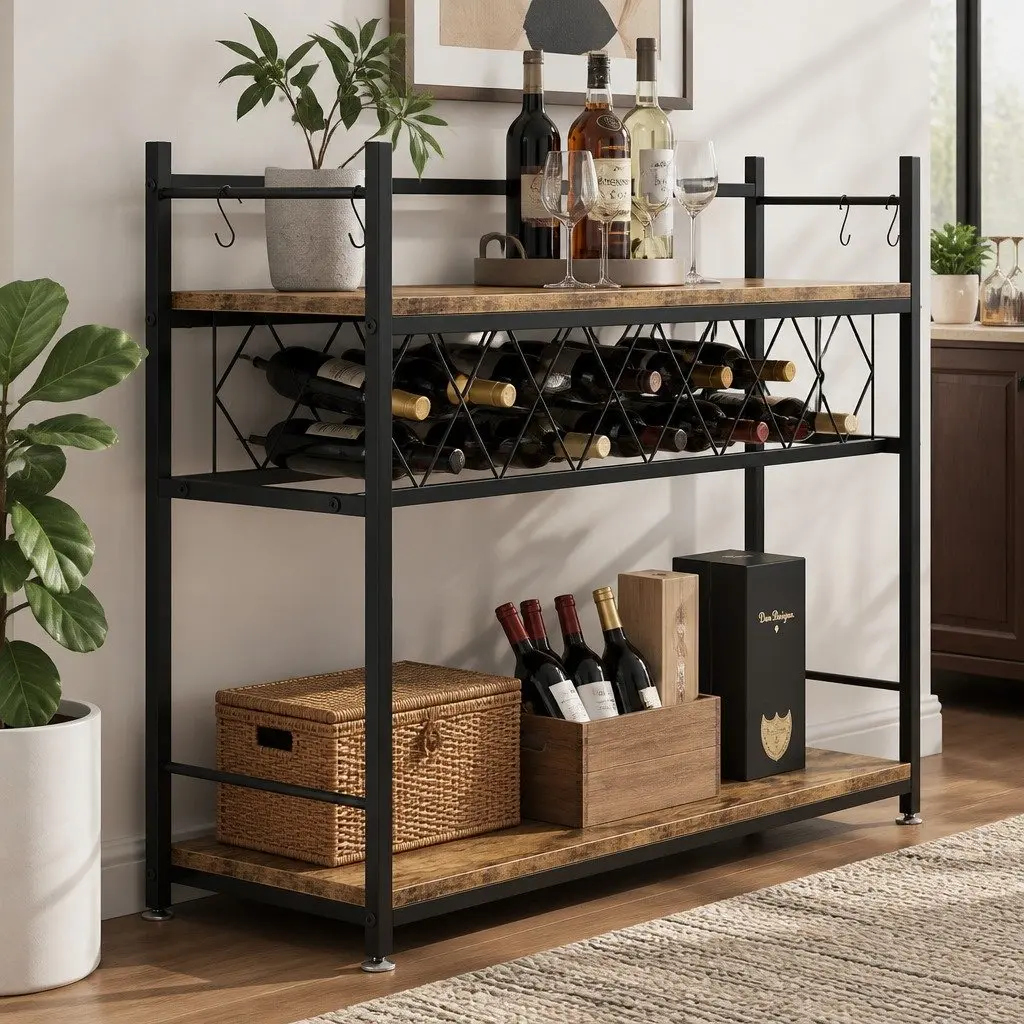 Wine Rack Metal Frame Wooden Countertop Large Storage for 20 Bottles and Glasses
