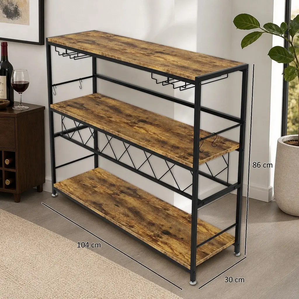 Wine Rack Metal Frame Wooden Countertop Large Storage for 20 Bottles and Glasses