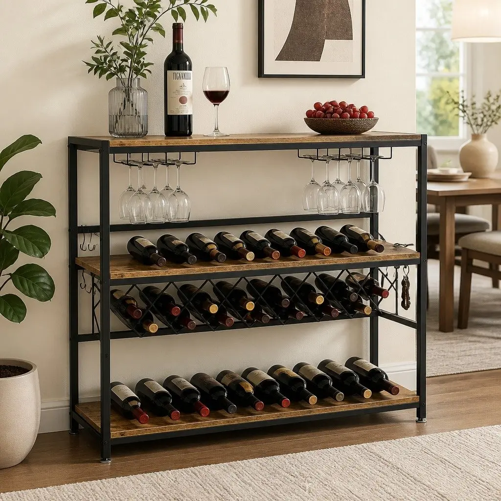 Wine Rack Metal Frame Wooden Countertop Large Storage for 20 Bottles and Glasses