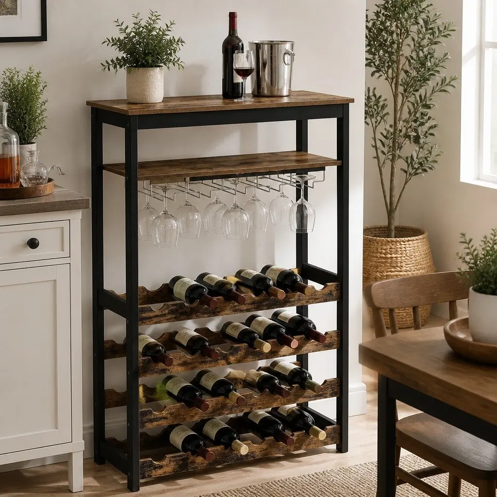 Wine Rack Metal Frame Wooden Countertop Large Size for 24 Bottles and 10 Glasses