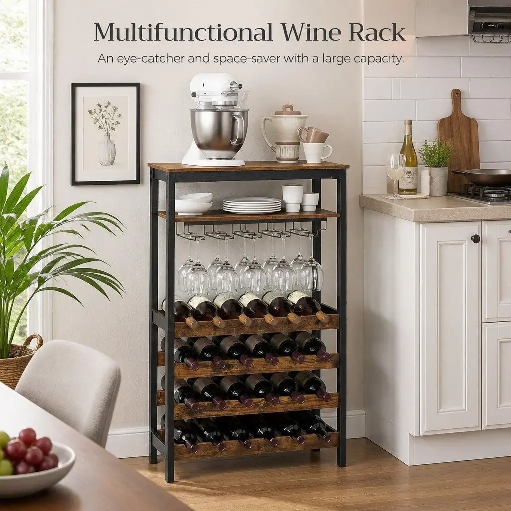 Wine Rack Metal Frame Wooden Countertop Large Size for 24 Bottles and 10 Glasses