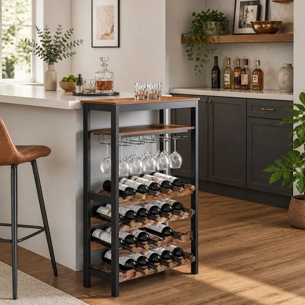 Wine Rack Metal Frame Wooden Countertop Large Size for 24 Bottles and 10 Glasses