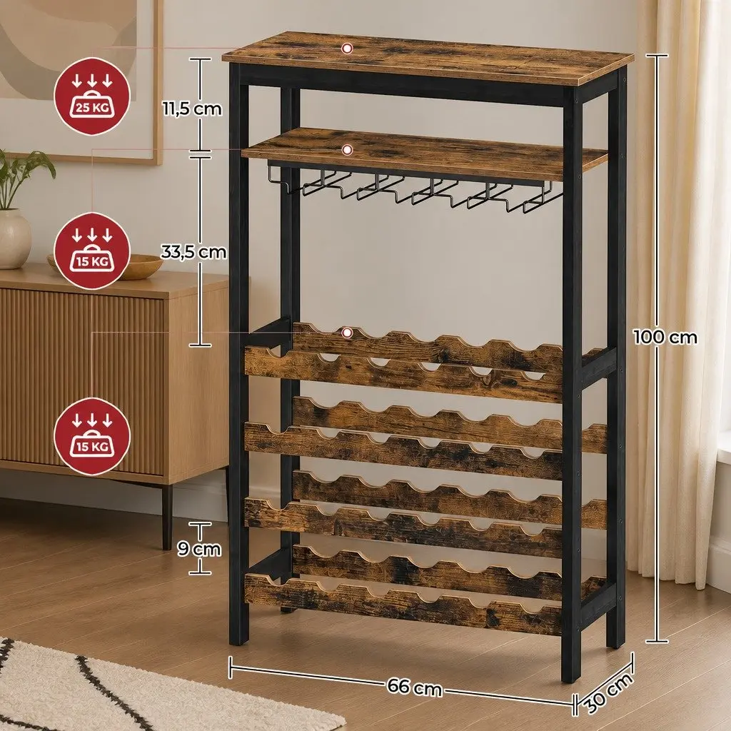 Wine Rack Metal Frame Wooden Countertop Large Size for 24 Bottles and 10 Glasses