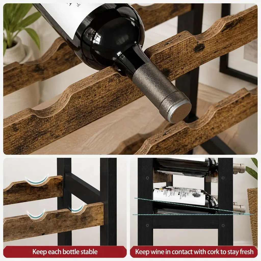 Wine Rack Metal Frame Wooden Countertop Large Size for 24 Bottles and 10 Glasses