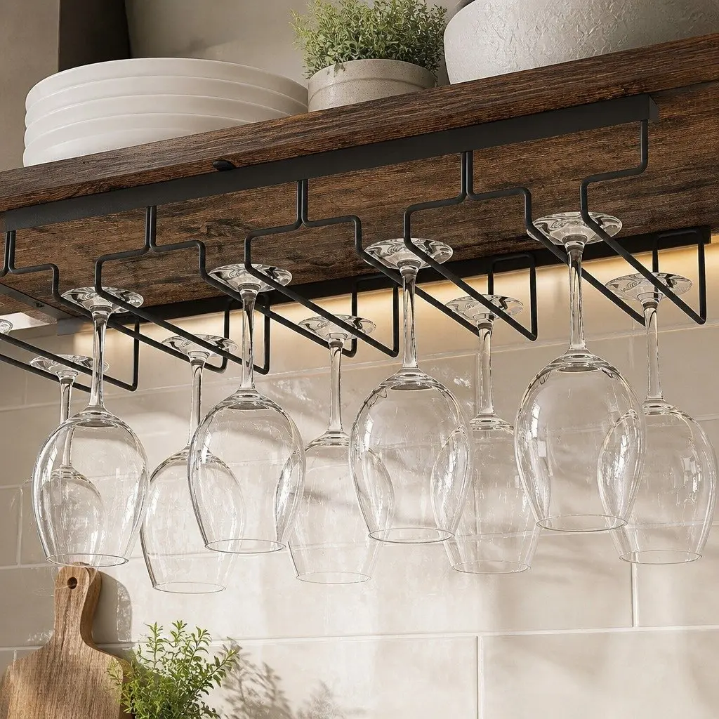 Wine Rack Metal Frame Wooden Countertop Large Size for 24 Bottles and 10 Glasses