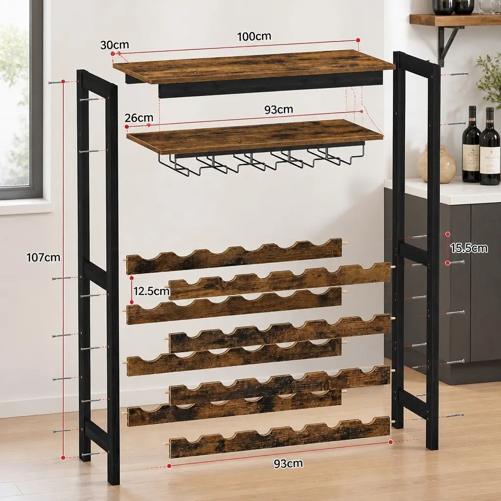 Wine Rack Metal Frame Wooden Countertop Large Size for 24 Bottles and 10 Glasses