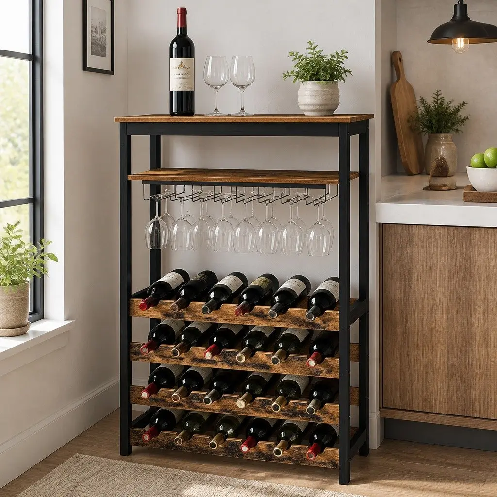 Wine Rack Metal Frame Wooden Countertop Large Size for 24 Bottles and 10 Glasses