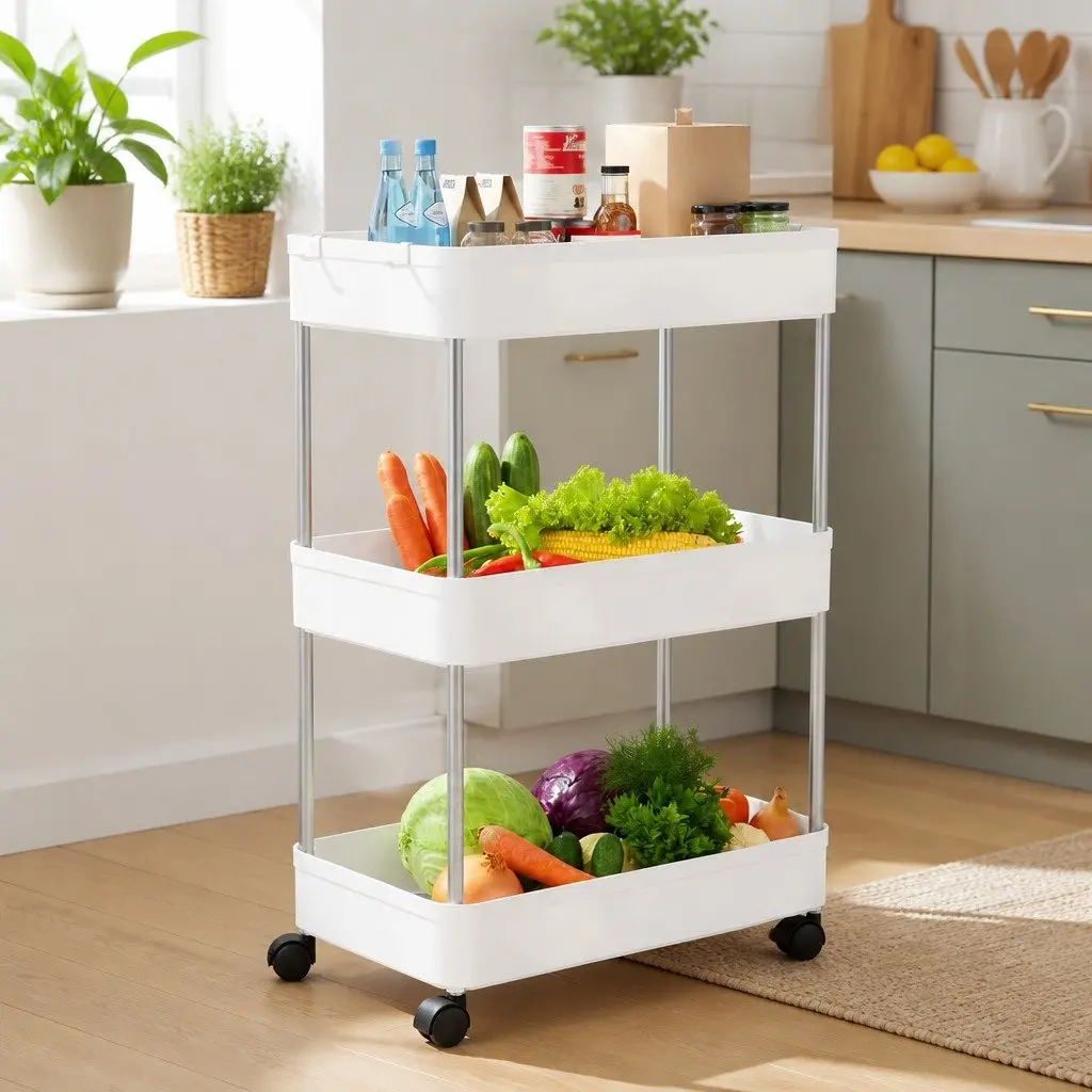 Slim Storage Cart Organizer Trolley 3 Tier Stainless Steel Plastic Compact Kitchen Bathroom Laundry