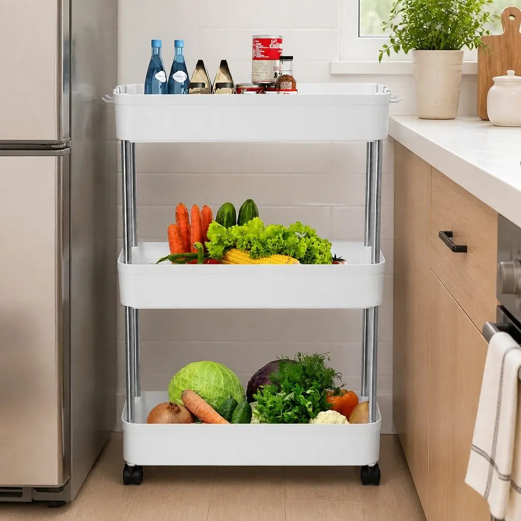 Slim Storage Cart Organizer Trolley 3 Tier Stainless Steel Plastic Compact Kitchen Bathroom Laundry