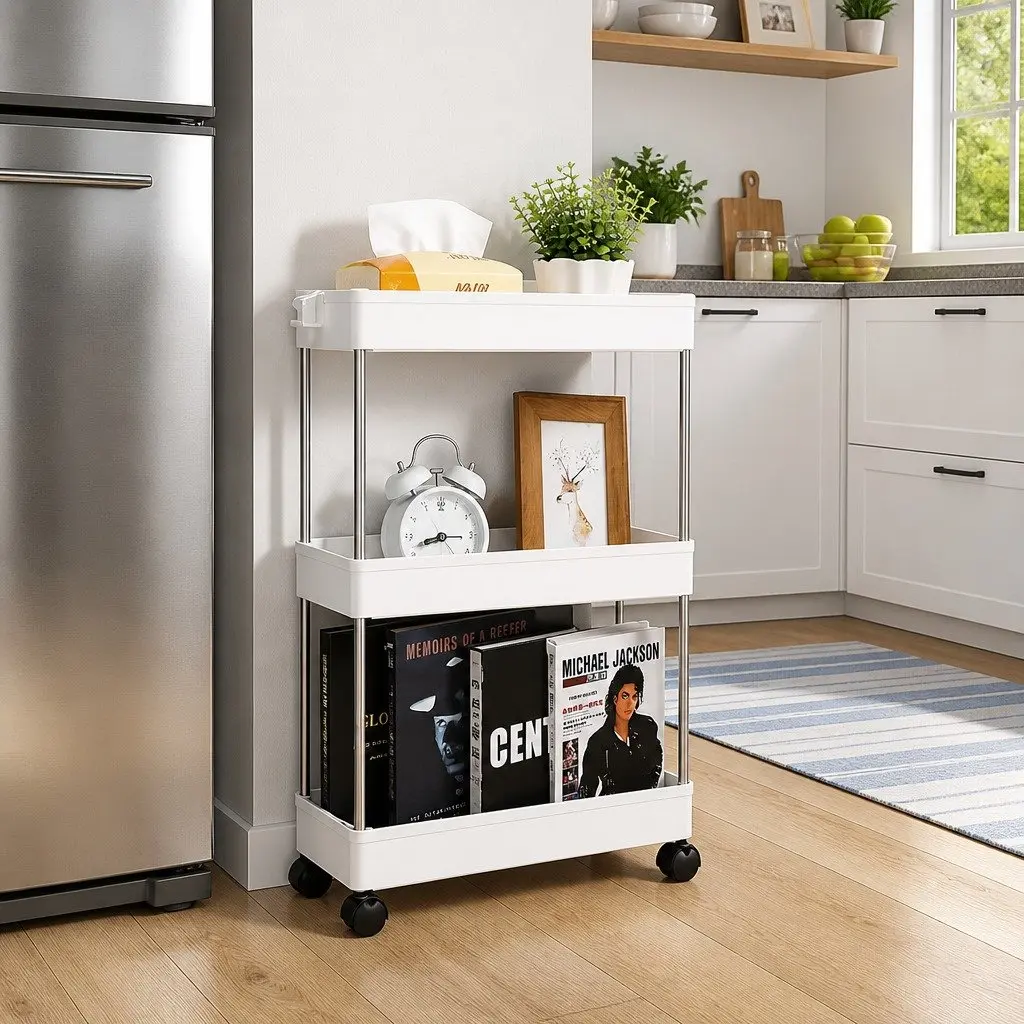 Slim Storage Cart Organizer Trolley 3 Tier Stainless Steel Plastic Compact Kitchen Bathroom Laundry