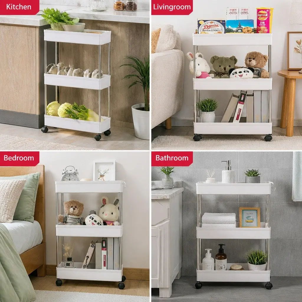 Slim Storage Cart Organizer Trolley 3 Tier Stainless Steel Plastic Compact Kitchen Bathroom Laundry
