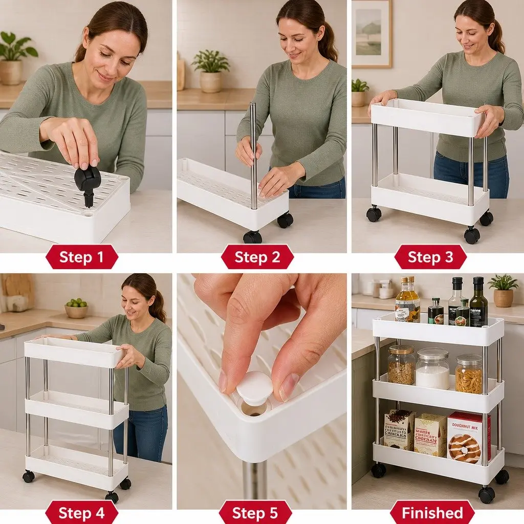 Slim Storage Cart Organizer Trolley 3 Tier Stainless Steel Plastic Compact Kitchen Bathroom Laundry