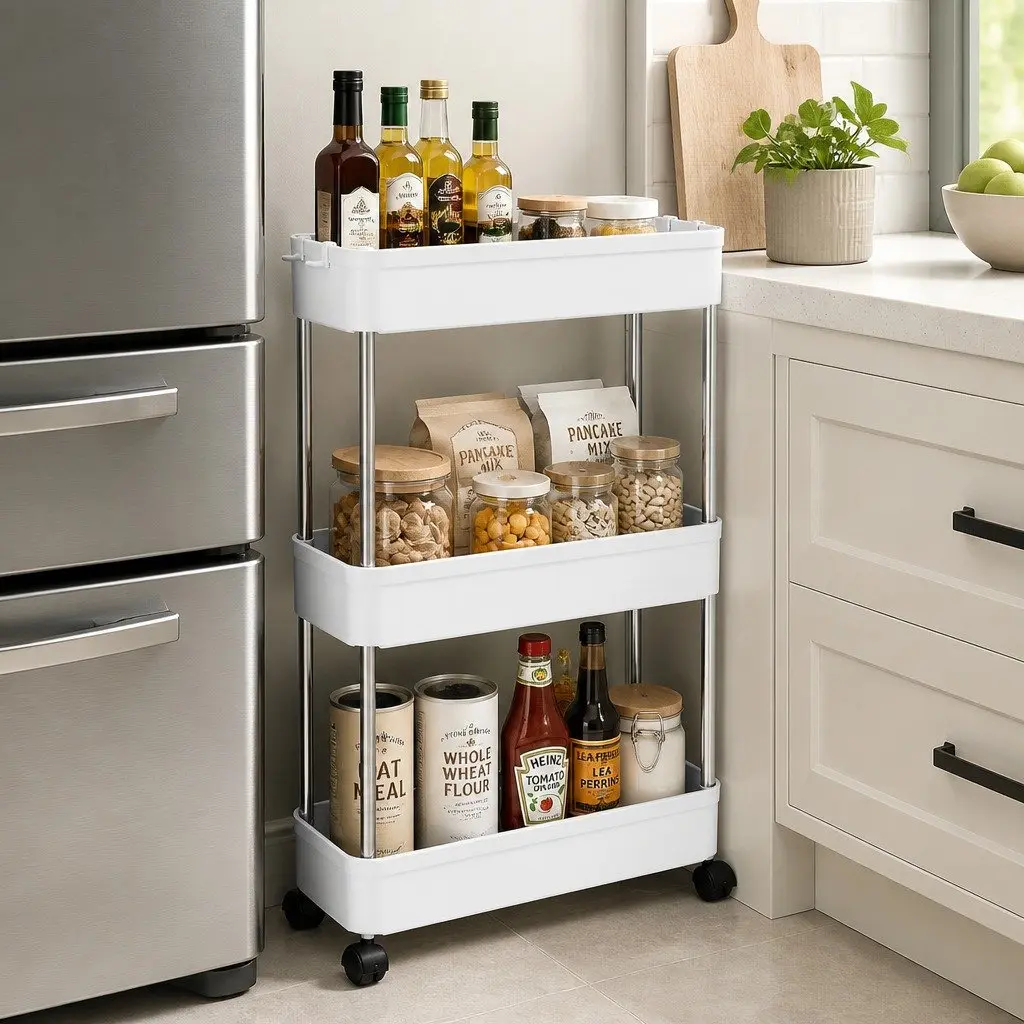 Slim Storage Cart Organizer Trolley 3 Tier Stainless Steel Plastic Compact Kitchen Bathroom Laundry