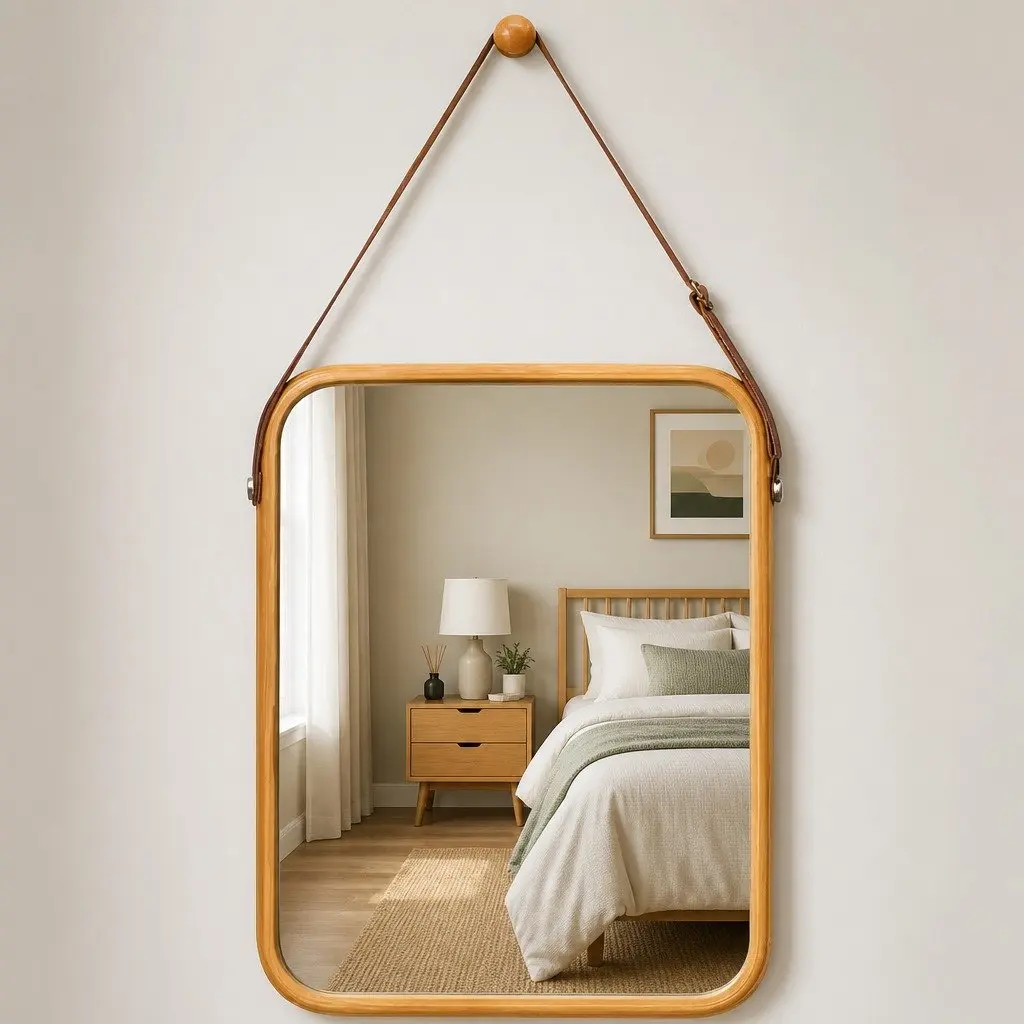 Bamboo Frame Mirror with Adjustable Strap for Home