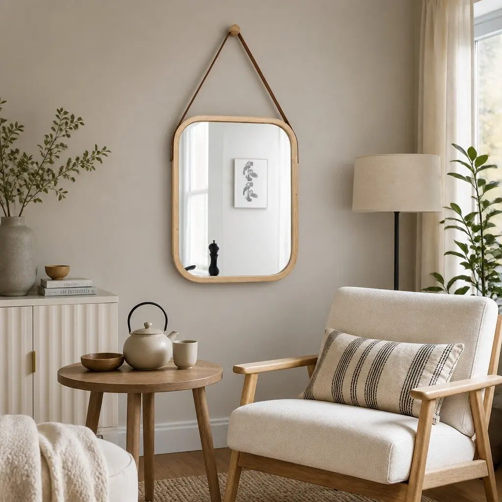 Bamboo Frame Mirror with Adjustable Strap for Home