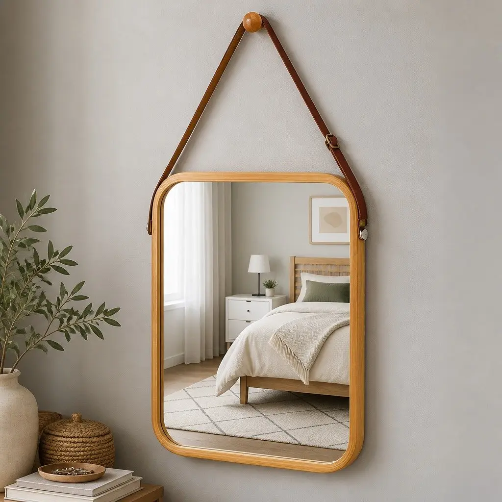 Bamboo Frame Mirror with Adjustable Strap for Home