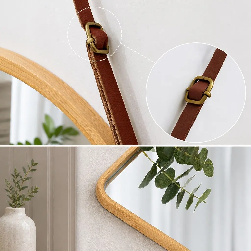 Bamboo Frame Mirror with Adjustable Strap for Home