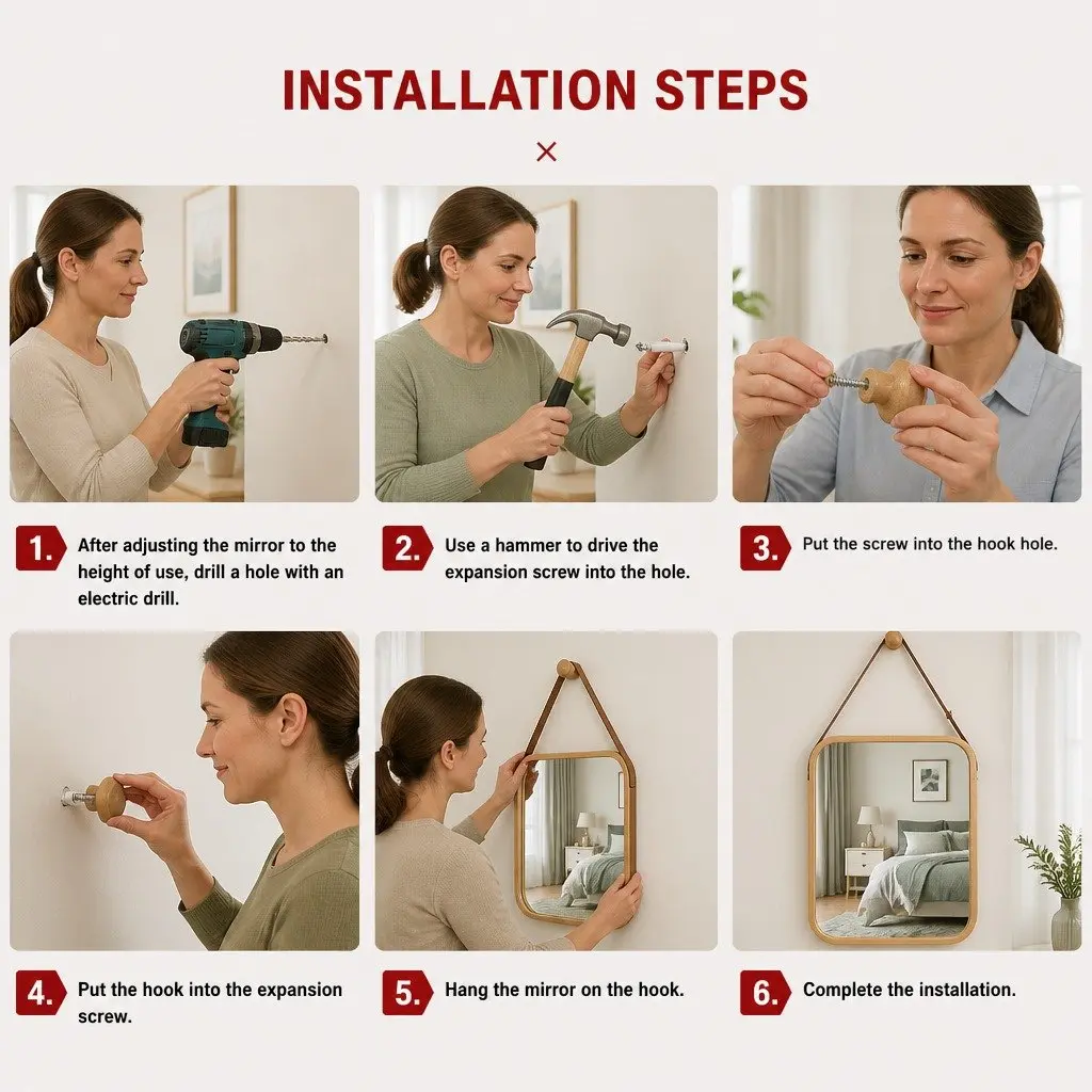 Bamboo Frame Mirror with Adjustable Strap for Home