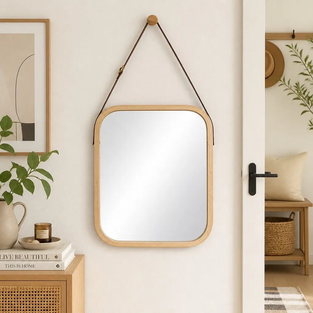 Bamboo Frame Mirror with Adjustable Strap for Home