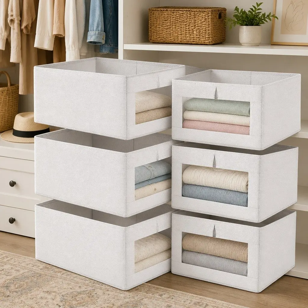 Storage Bins Linen Fabric 40x28x17cm Foldable Clear Window 6 Piece