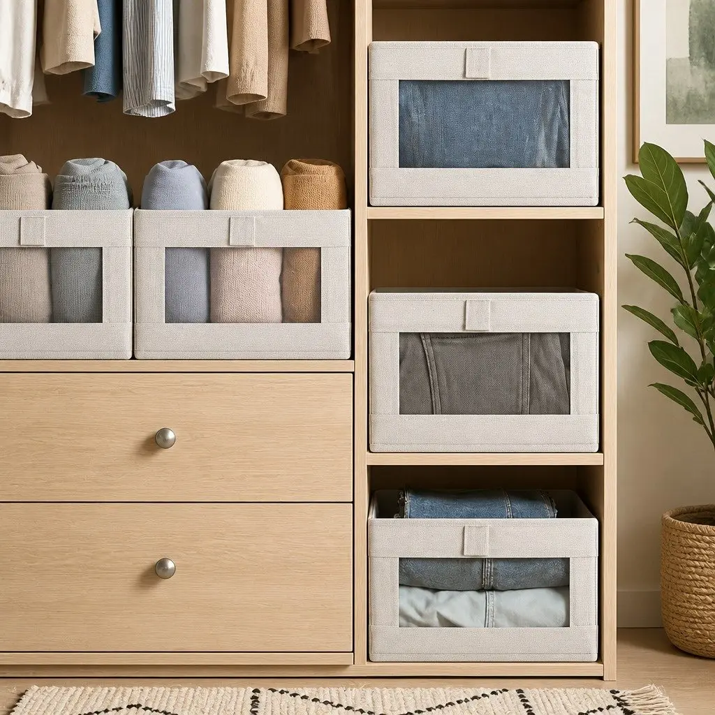 Storage Bins Linen Fabric 40x28x17cm Foldable Clear Window 6 Piece