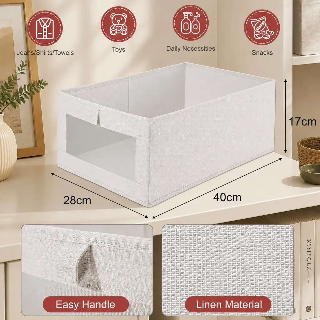 Storage Bins Linen Fabric 40x28x17cm Foldable Clear Window 6 Piece