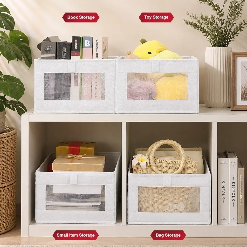 Storage Bins Linen Fabric 40x28x17cm Foldable Clear Window 6 Piece