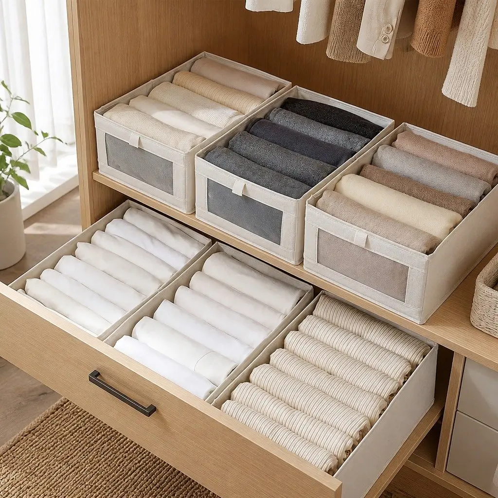 Storage Bins Linen Fabric 40x28x17cm Foldable Clear Window 6 Piece