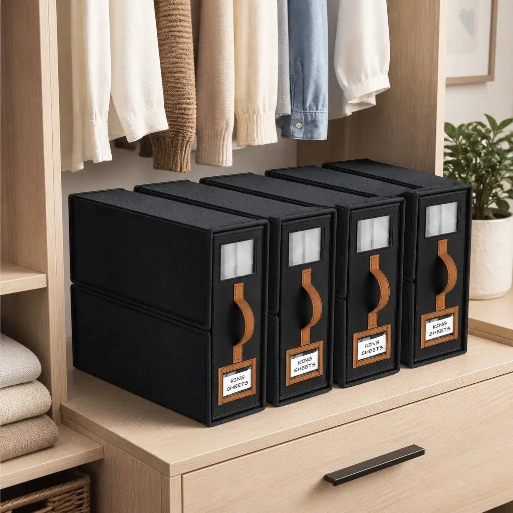 Bed Sheet Organizer Storage Box Set of 4 Durable Fabric with Clear Window and PU Leather Handle 38 x 12 x 32 cm