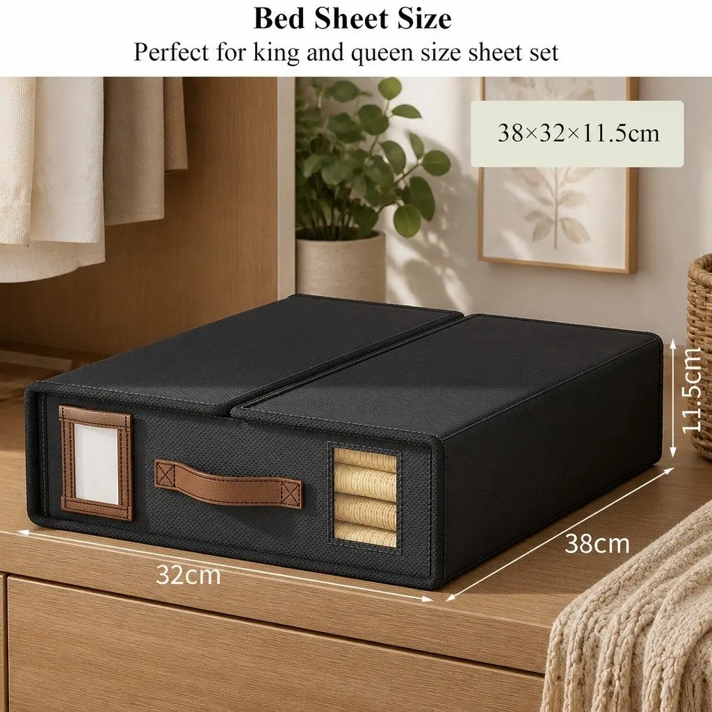 Bed Sheet Organizer Storage Box Set of 4 Durable Fabric with Clear Window and PU Leather Handle 38 x 12 x 32 cm