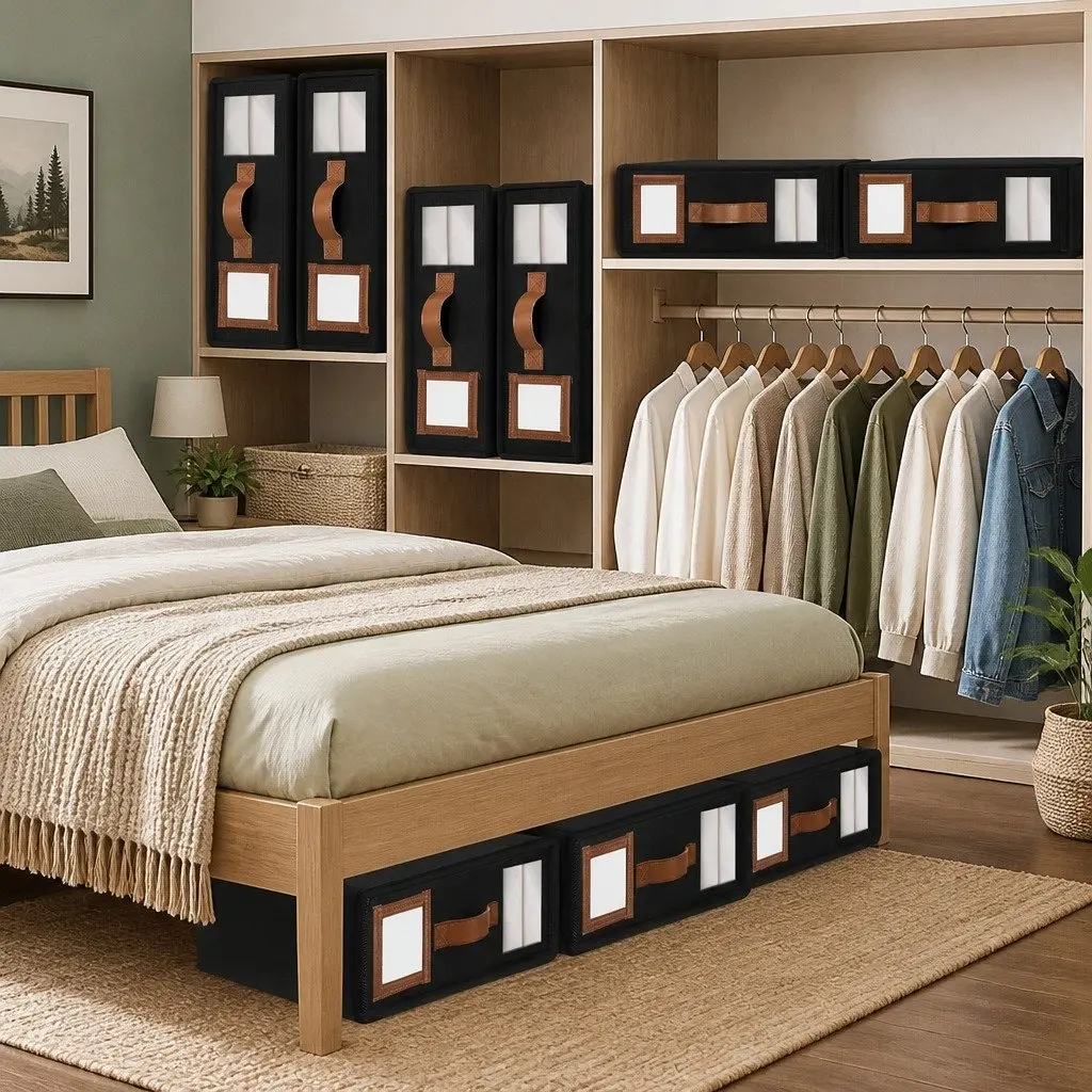 Bed Sheet Organizer Storage Box Set of 4 Durable Fabric with Clear Window and PU Leather Handle 38 x 12 x 32 cm